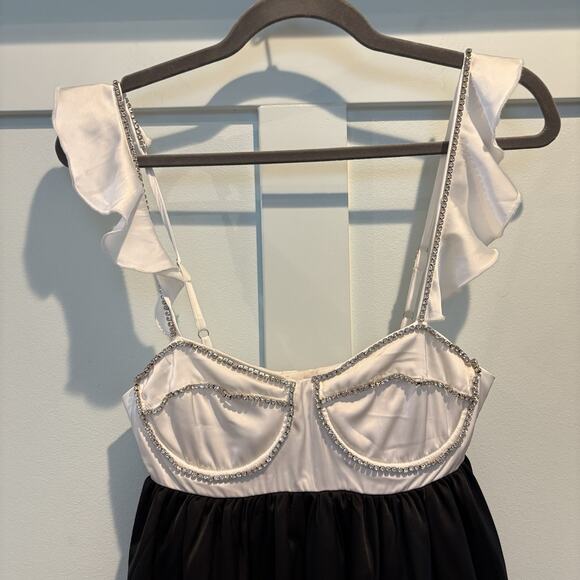 NWT Sky To Moon Mini Dress Small Black White Satin Slip Rhinestone Trim Bustier - Picture 6 of 16
